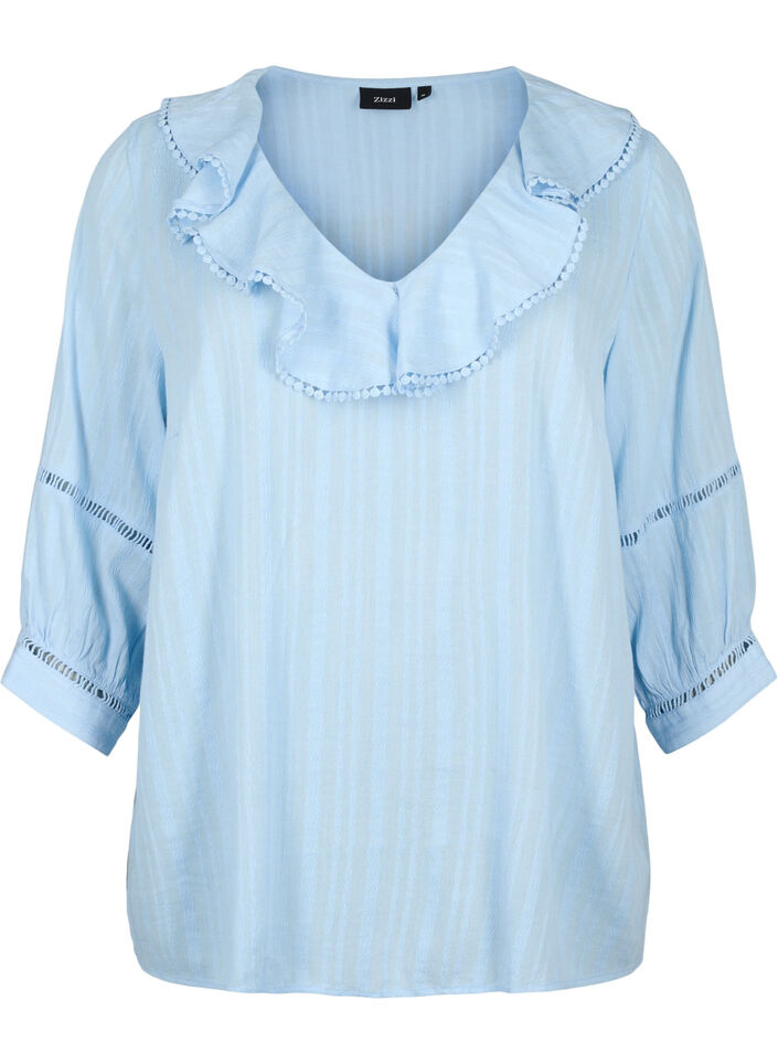 Blouse met 3/4 mouwen en kant, Chambray Blue, Packshot image number 0