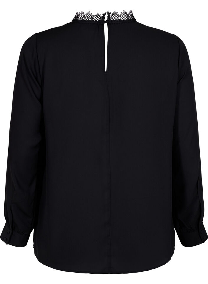 Blouse met lange mouwen en kant, Black, Packshot image number 1