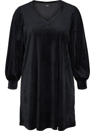 Velours jurk met lange pofmouwen, Black, Packshot image number 0