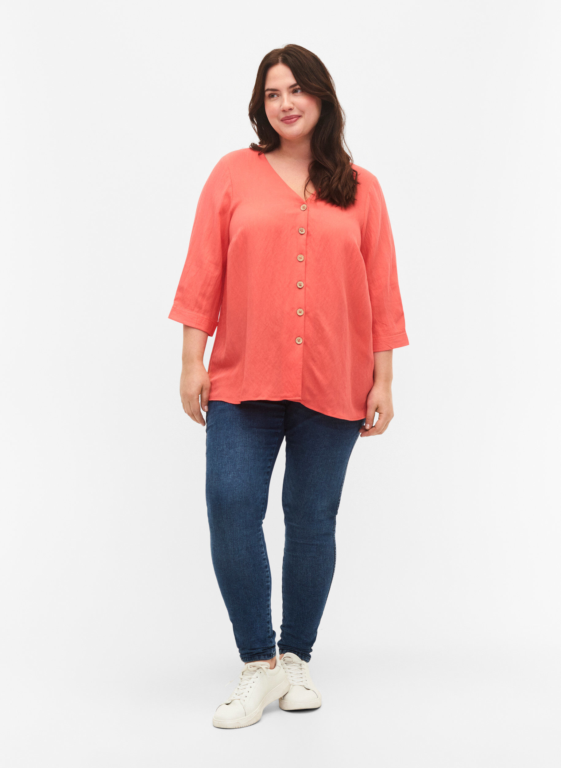 Zizzi Viscose blouse met knopen en v-hals, Deep Sea Coral, Model image number 2