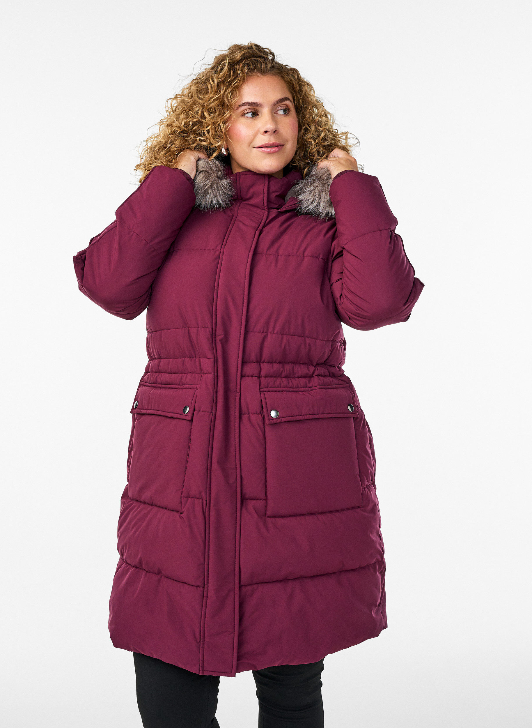 Waterafstotende parka met imitatiebontkraag, Donker Bordeaux, Model