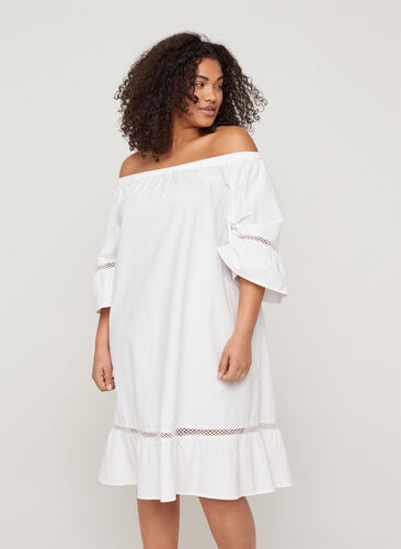 Katoenen jurk met kanten rand en korte mouwen, Bright White, Model image number 0