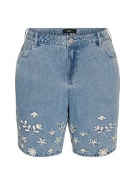 Denim shorts met broderie anglaise en hoge taille, Blauw