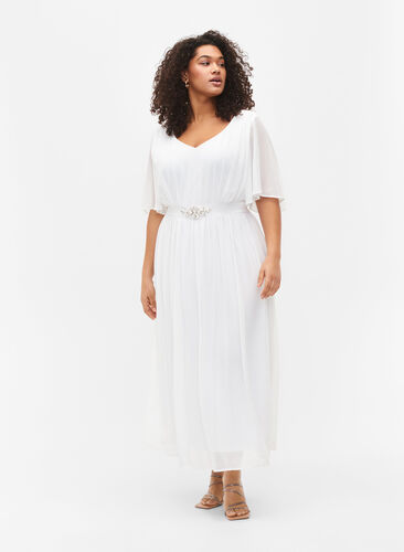 Maxi jurk met drapering en korte mouwen, Bright White, Model image number 0
