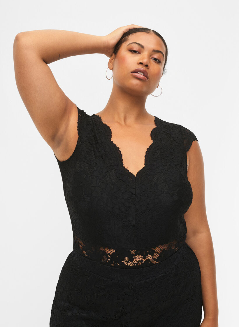 Bodystocking met kant en v-halslijn, Black, Model image number 0
