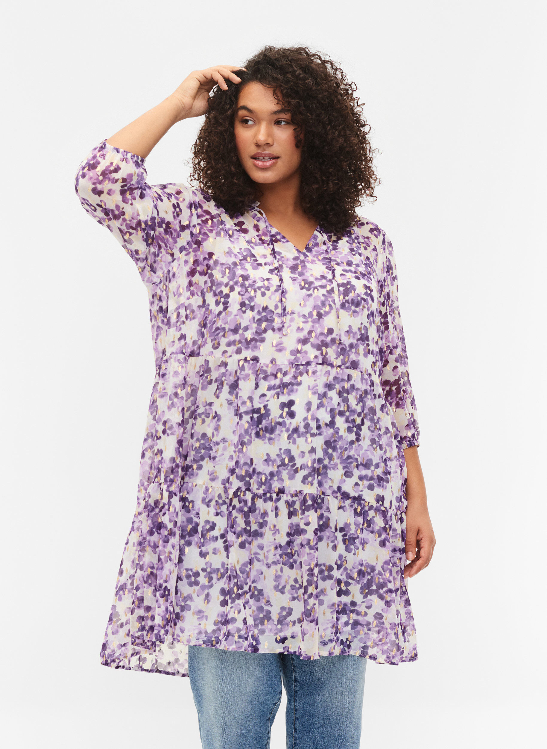 Zizzi Tuniek met bloemenprint en lurex, Beige/Purple Flower, Model image number 0