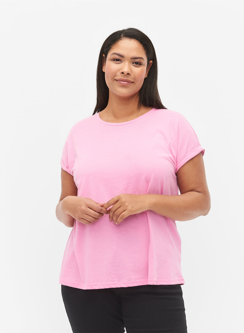 T-shirt met korte mouwen in een katoenmix, Roze, Model image number 0