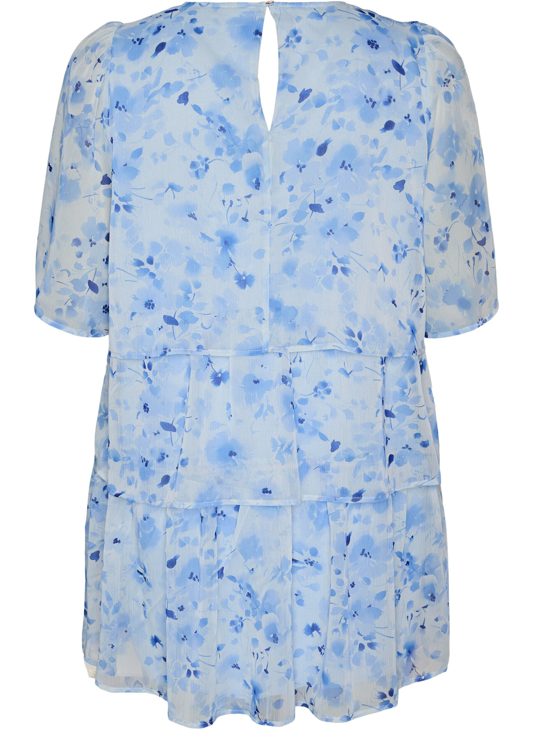 Zizzi Korte jurk met chiffonlook, bloemenprint en volantlagen, Blauw, Packshot image number 1