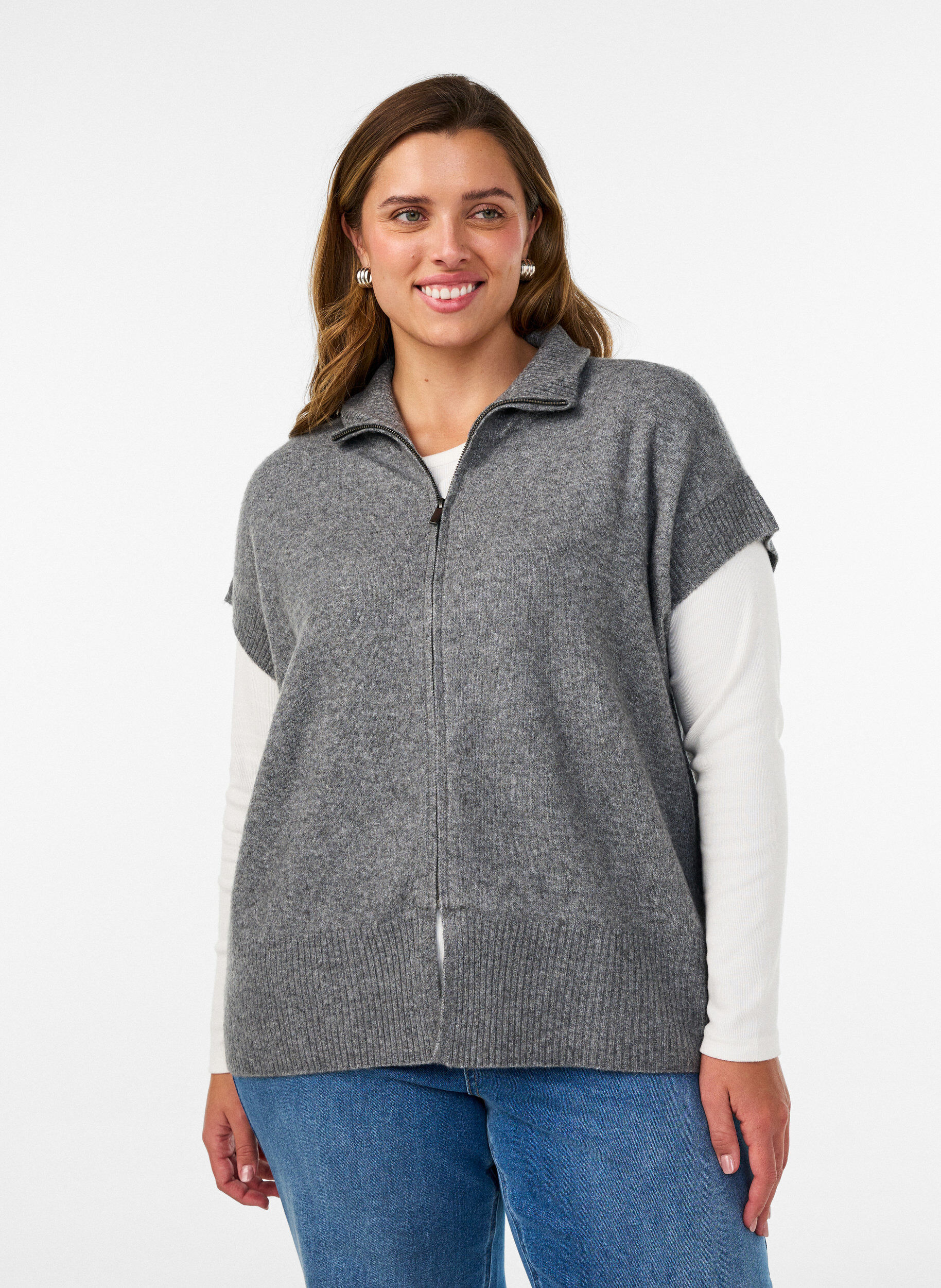 ZizziGebreid gilet met hoge kraag en rits, Grijs, Model image number 0