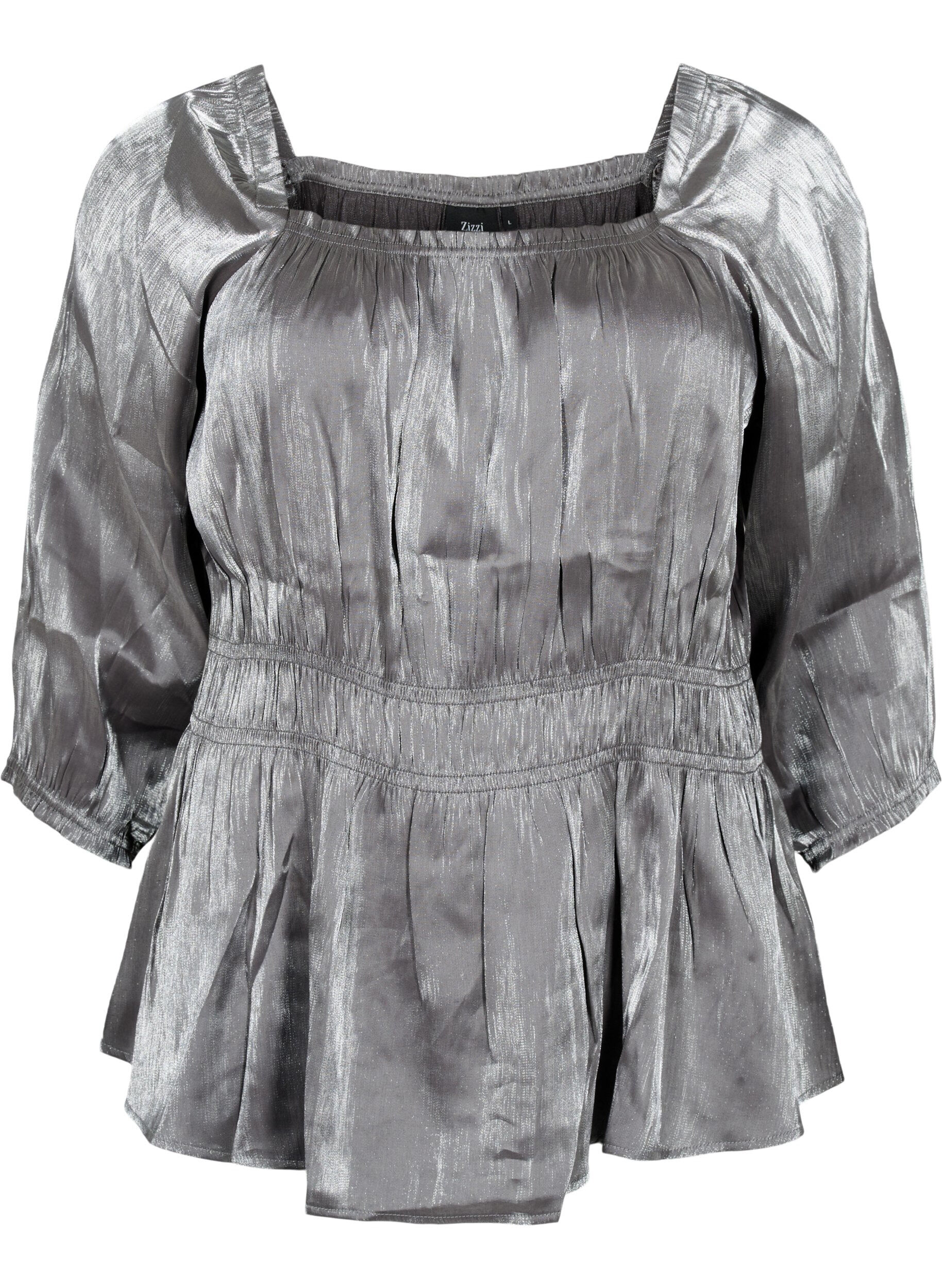 Zizzi Zilverkleurige blouse met 3/4 mouwen en smok, Dark Silver, Packshot image number 0