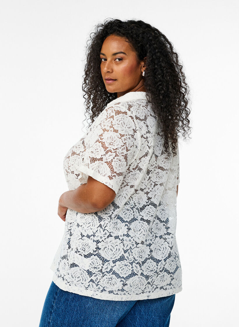 Kanten blouse met een kraag en V-hals, Vanille, Model image number 2