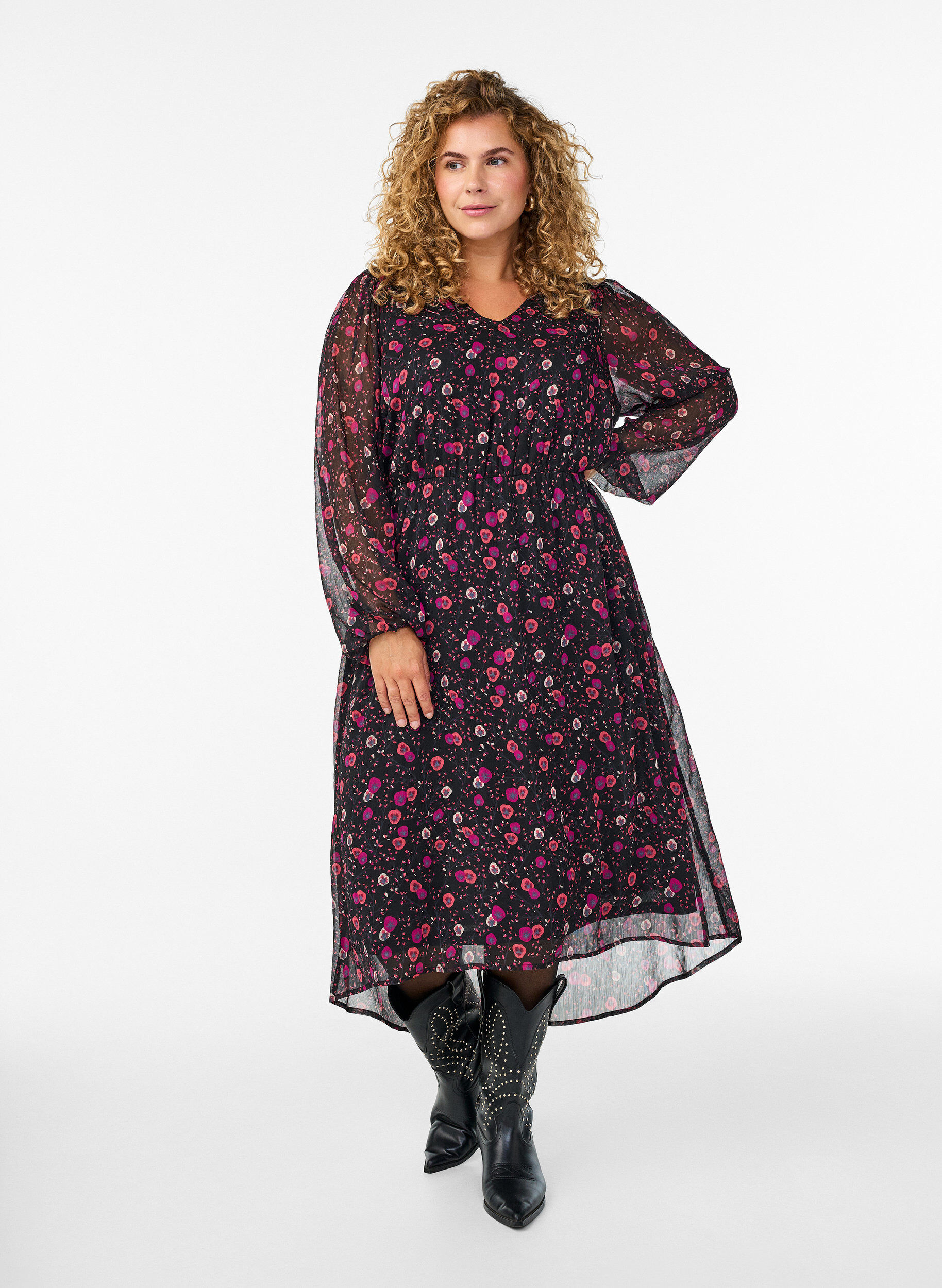 ZizziChiffon jurk met bloemenprint en lange mouwen, Zwart, Model image number 0