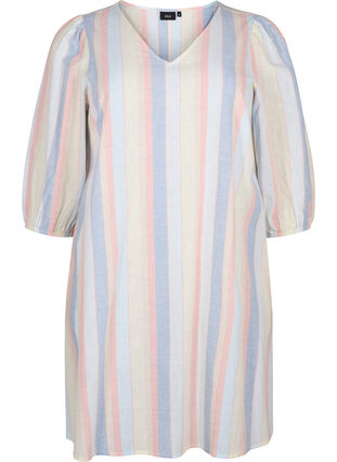Korte jurk van katoenmix met linnen, Multi Color Stripe, Packshot image number 0