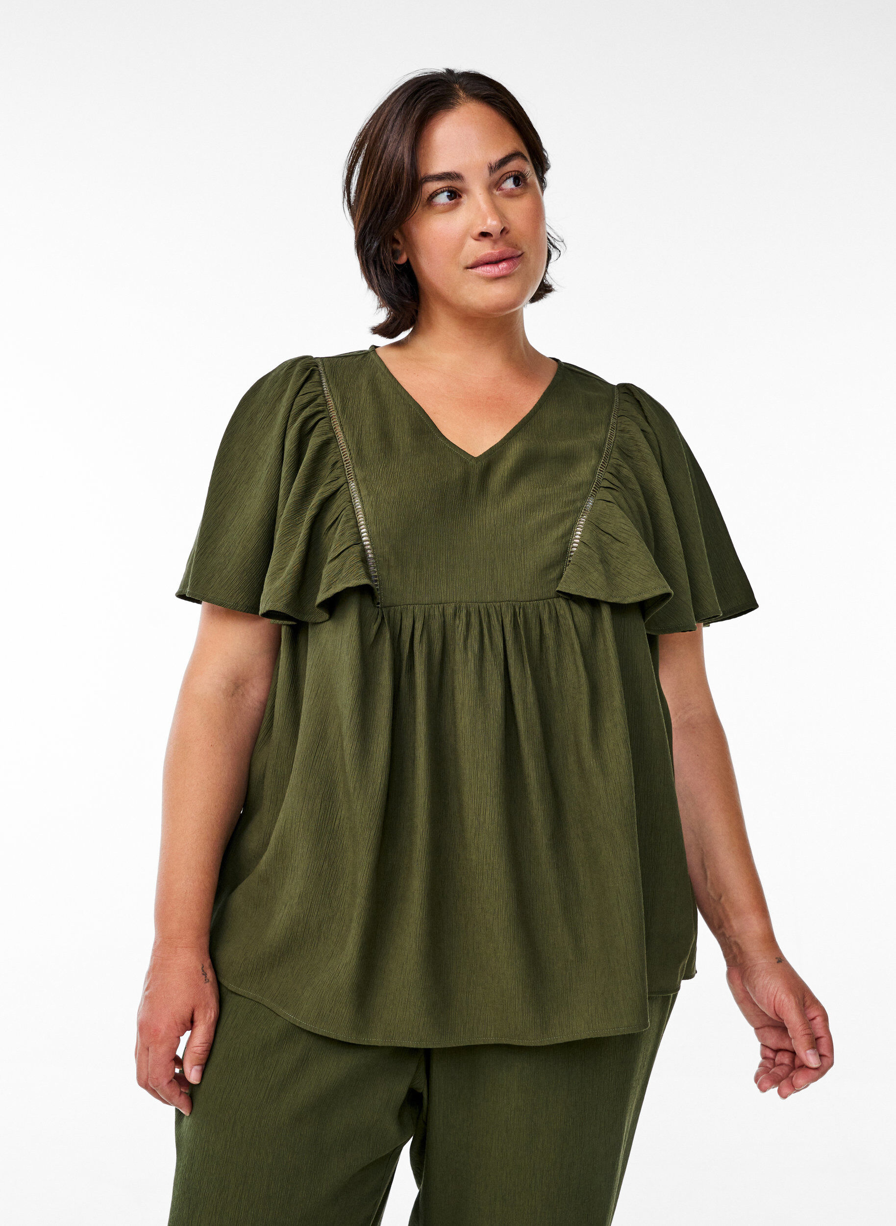 Blouse met korte mouwen met ruches, Groen, Model