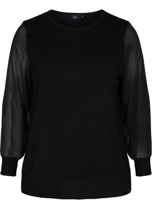 Viscose gebreide blouse met chiffon mouwen, Black, Packshot image number 0