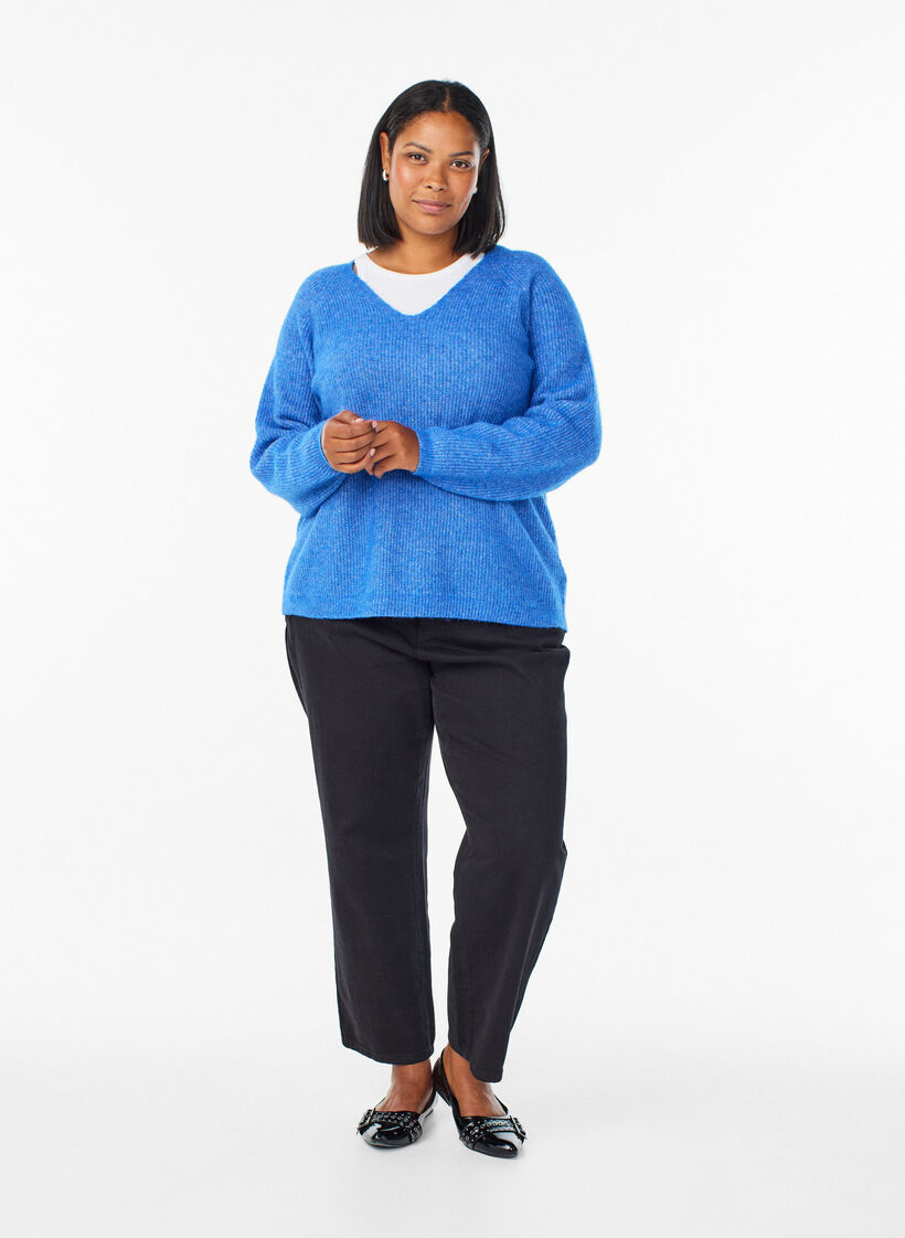 Gebreide blouse met V-hals en raglanmouwen, Blauw, Model image number 1