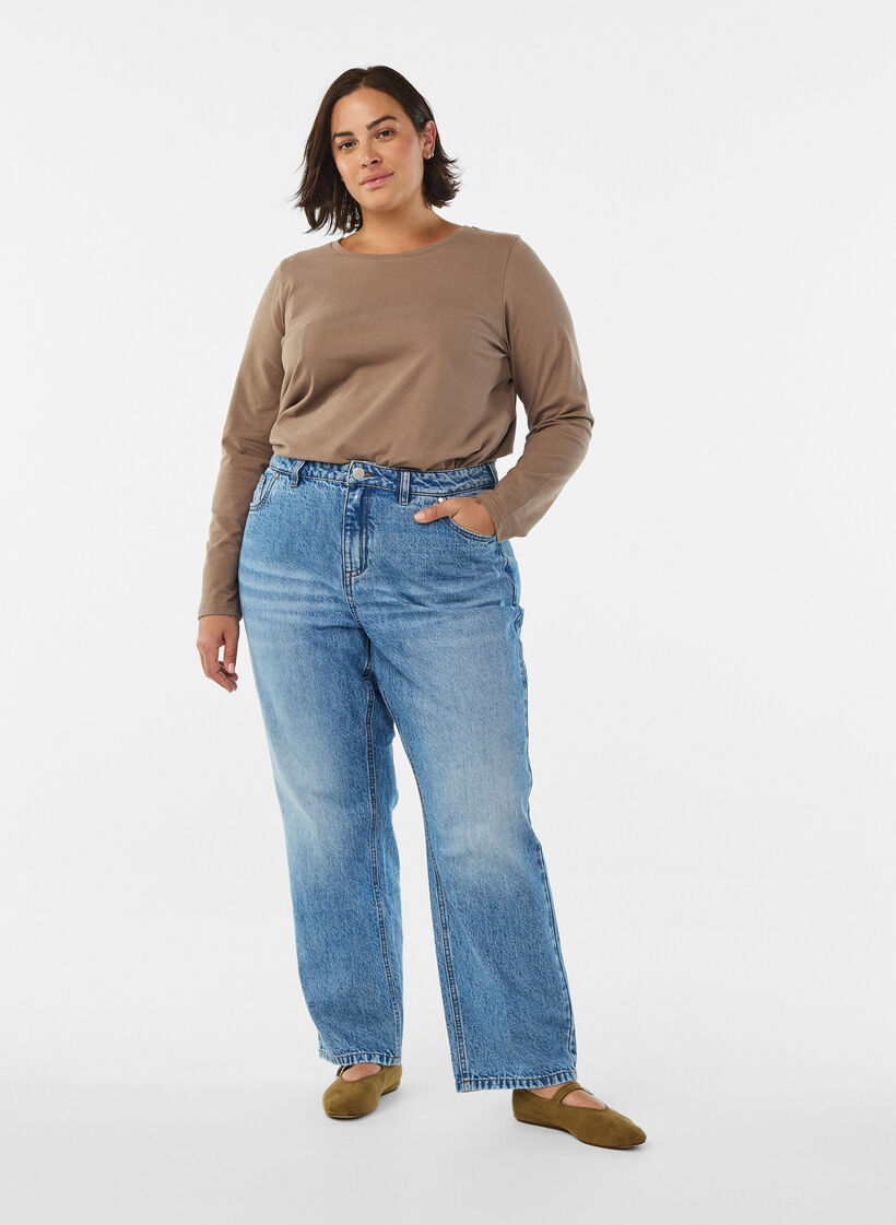 Basic jerseyblouse met lange mouwen, Bruin, Model image number 1