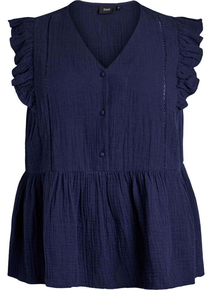 Mouwloze blouse van katoen mousseline met ruches, Blauw, Packshot image number 0