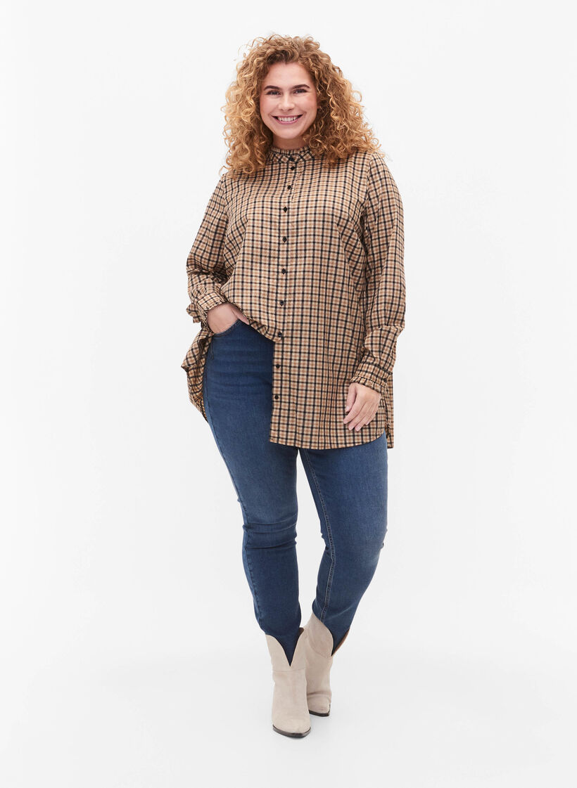 Geruite overhemdblouse met ruches, Brown Check, Model