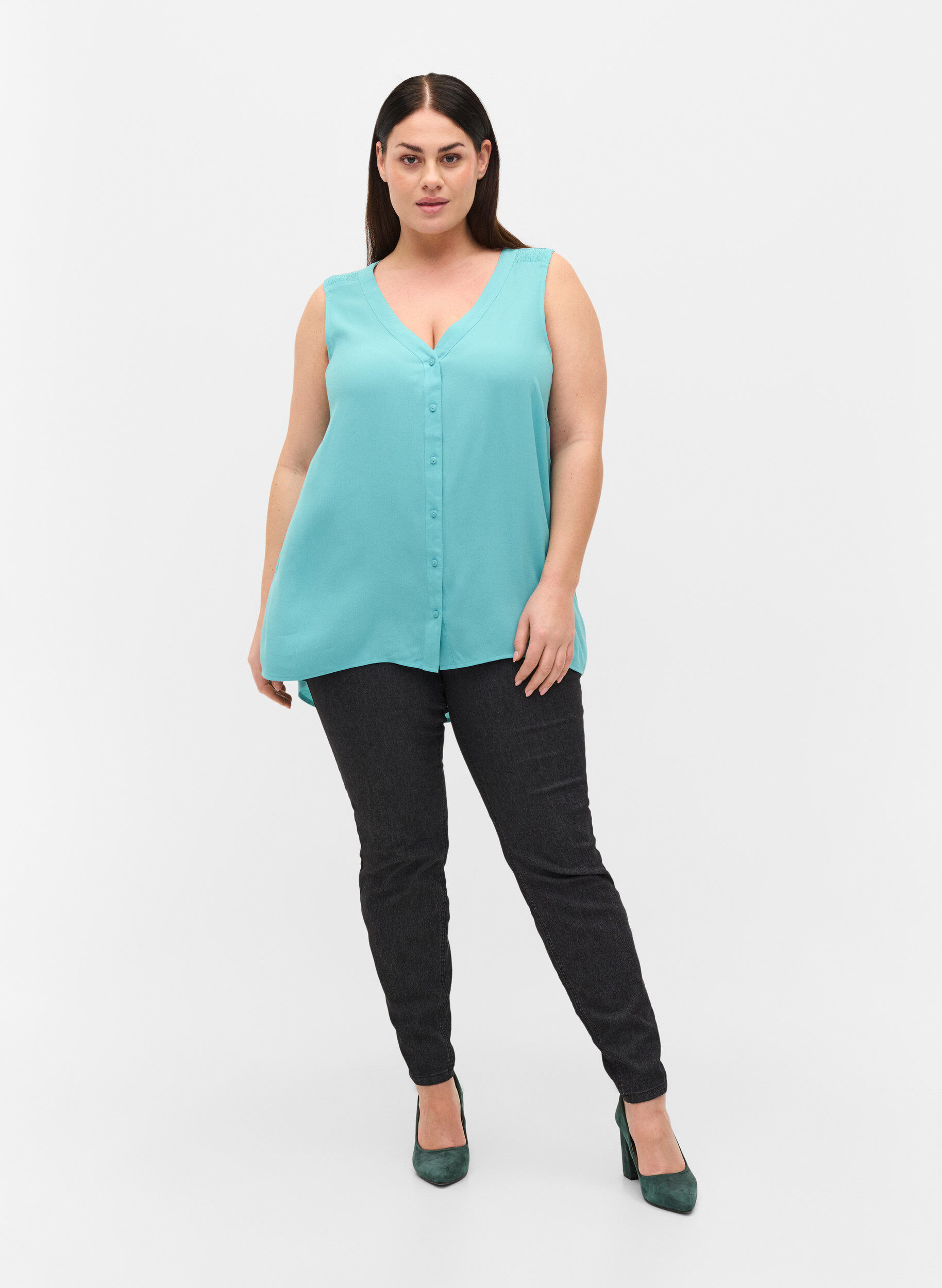 Zizzi Viscose top met  knopen, Aqua Sea, Model image number 2