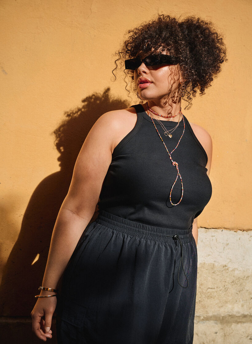 Geribde katoenen tanktop, Black, Image image number 0