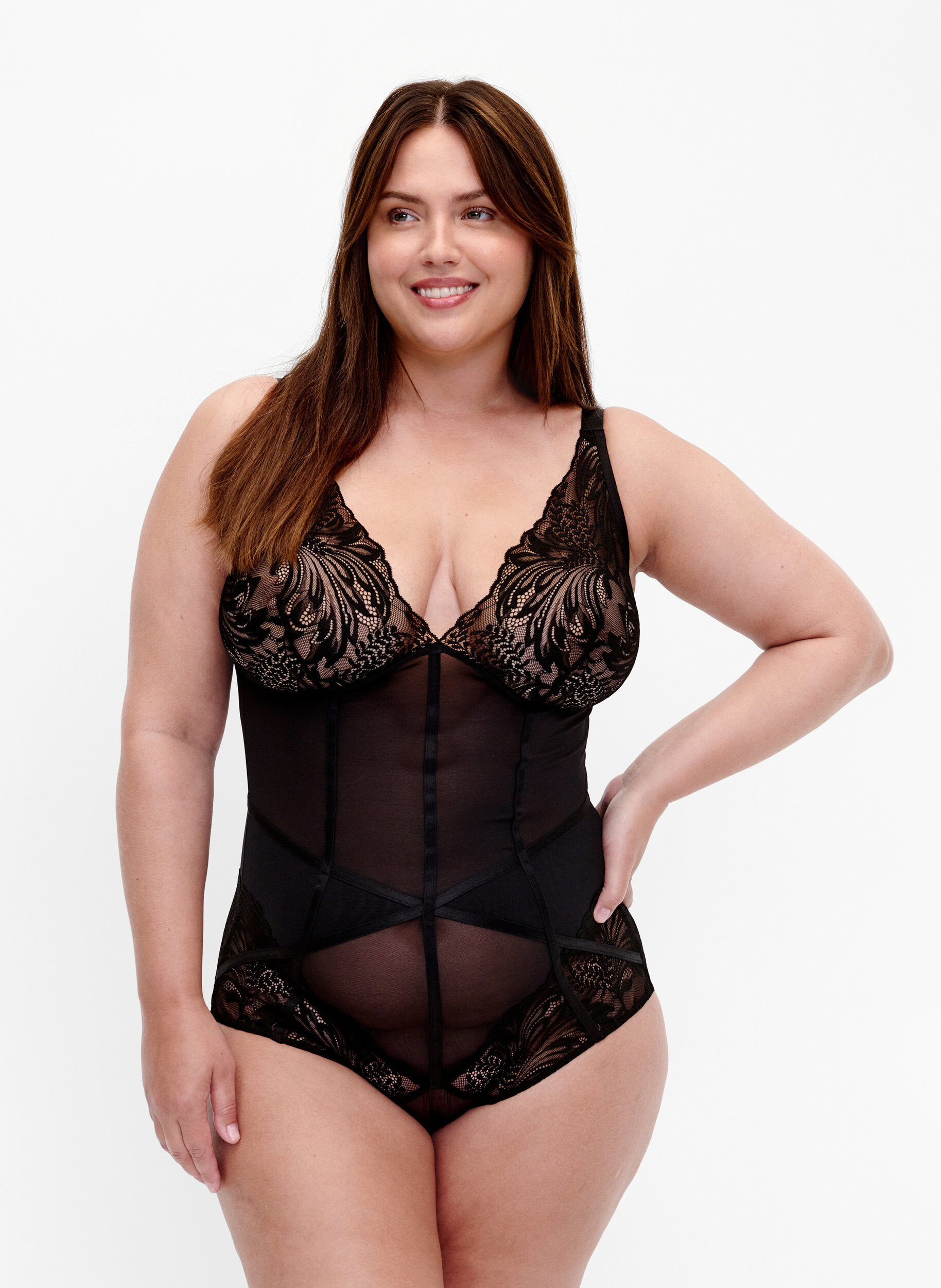 Zizzi Bodystocking met mesh en kant, Black, Model image number 0