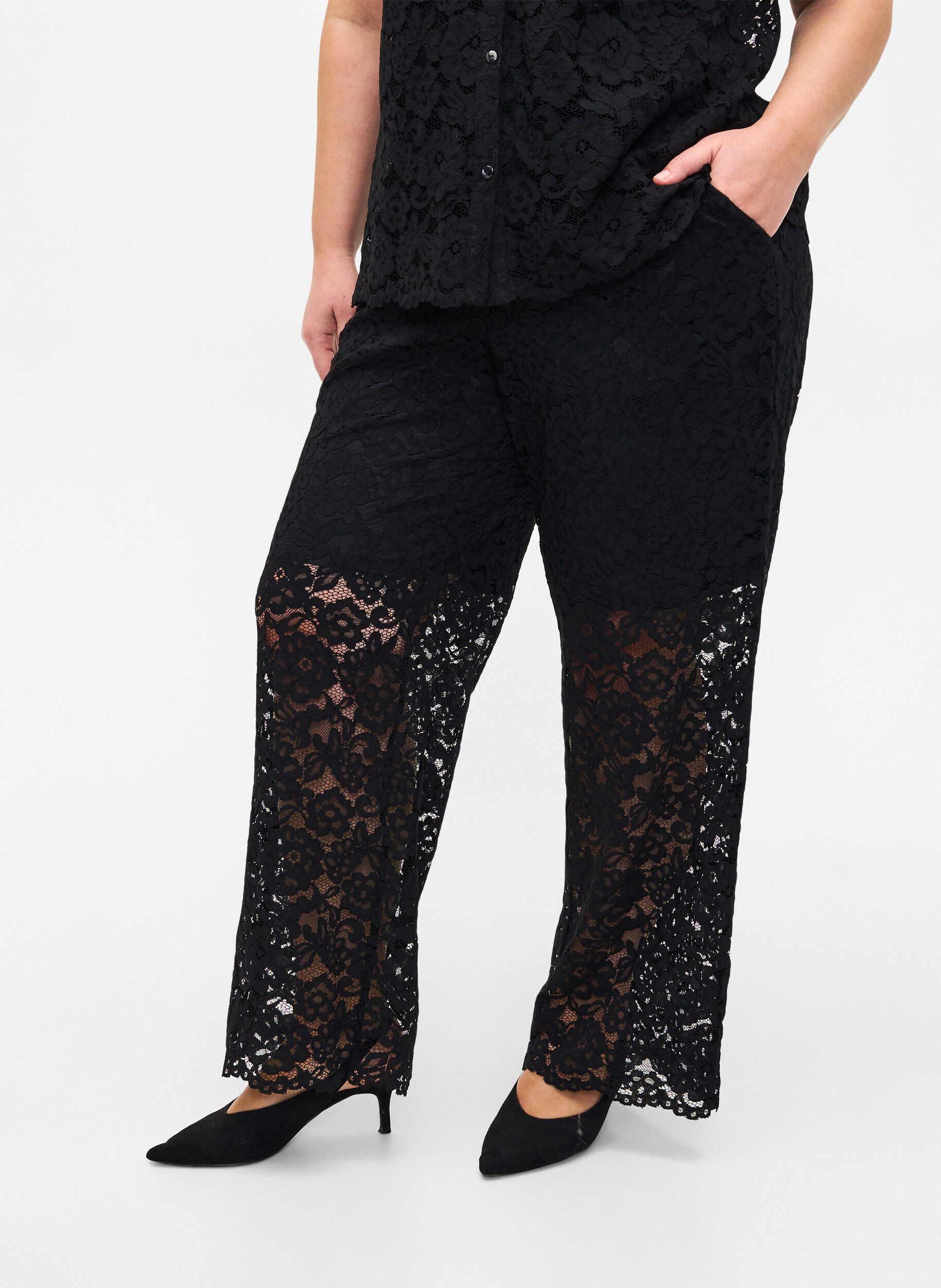 Zizzi Kanten broek met zakken, Black, Model image number 2