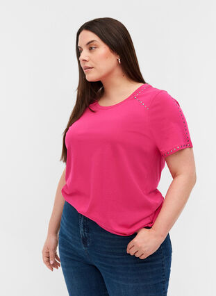 Katoenen t-shirt met korte mouwen en klinknagels, Fuchsia Purple, Model image number 0