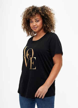 Katoenen T-shirt met goudkleurige tekst, Black w. Gold Love, Model image number 0