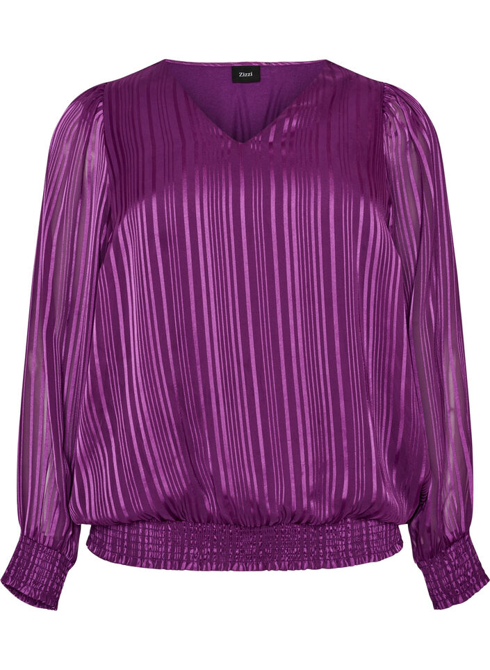 Gestreepte blouse met ballonvorm, Paars, Packshot image number 0