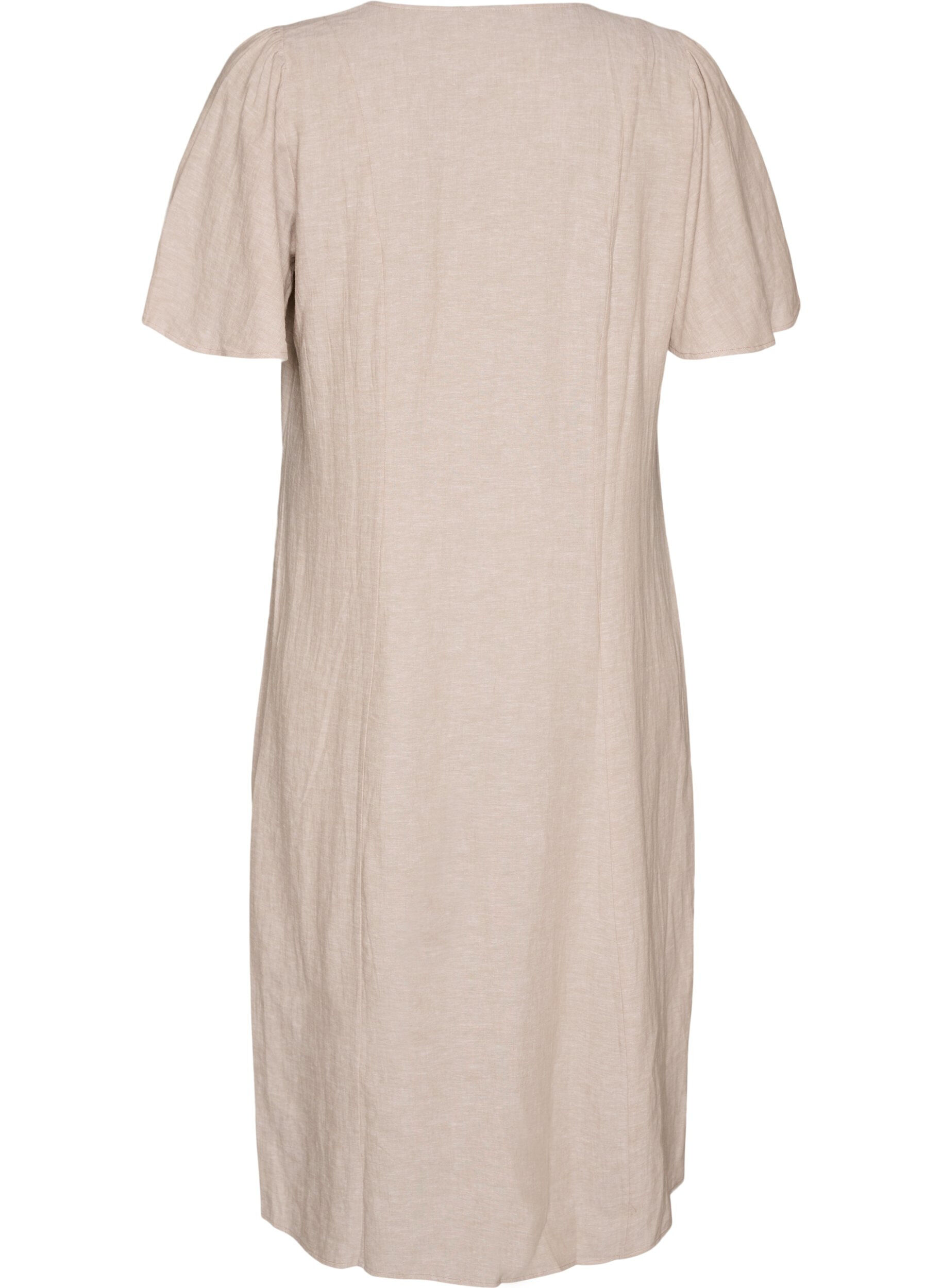ZizziMidi jurk in linnen en viscose met ruchesmouwen, Beige, Packshot image number 1