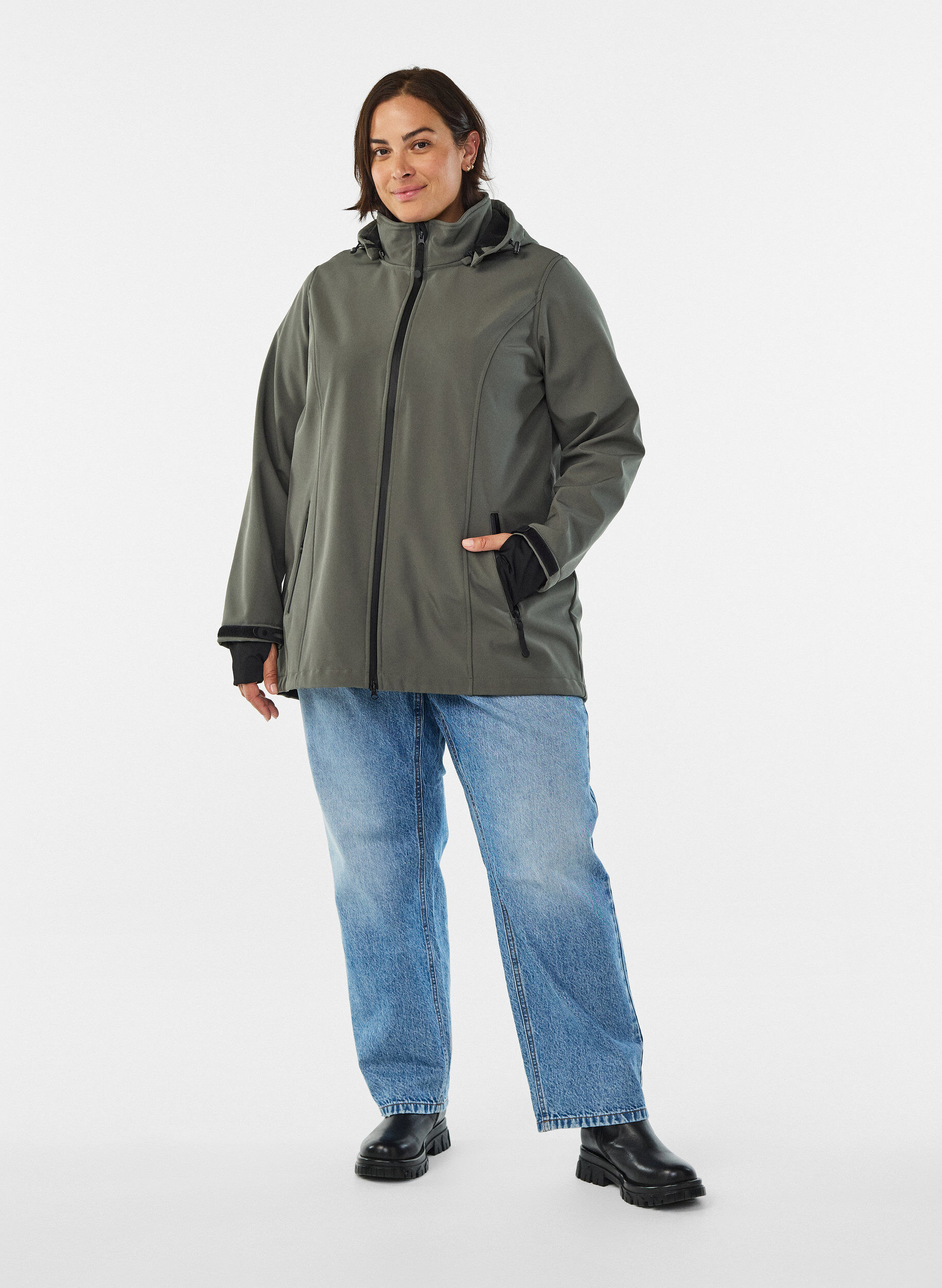 Zizzi Korte softshell jas met afneembare capuchon, Grijs, Model image number 1