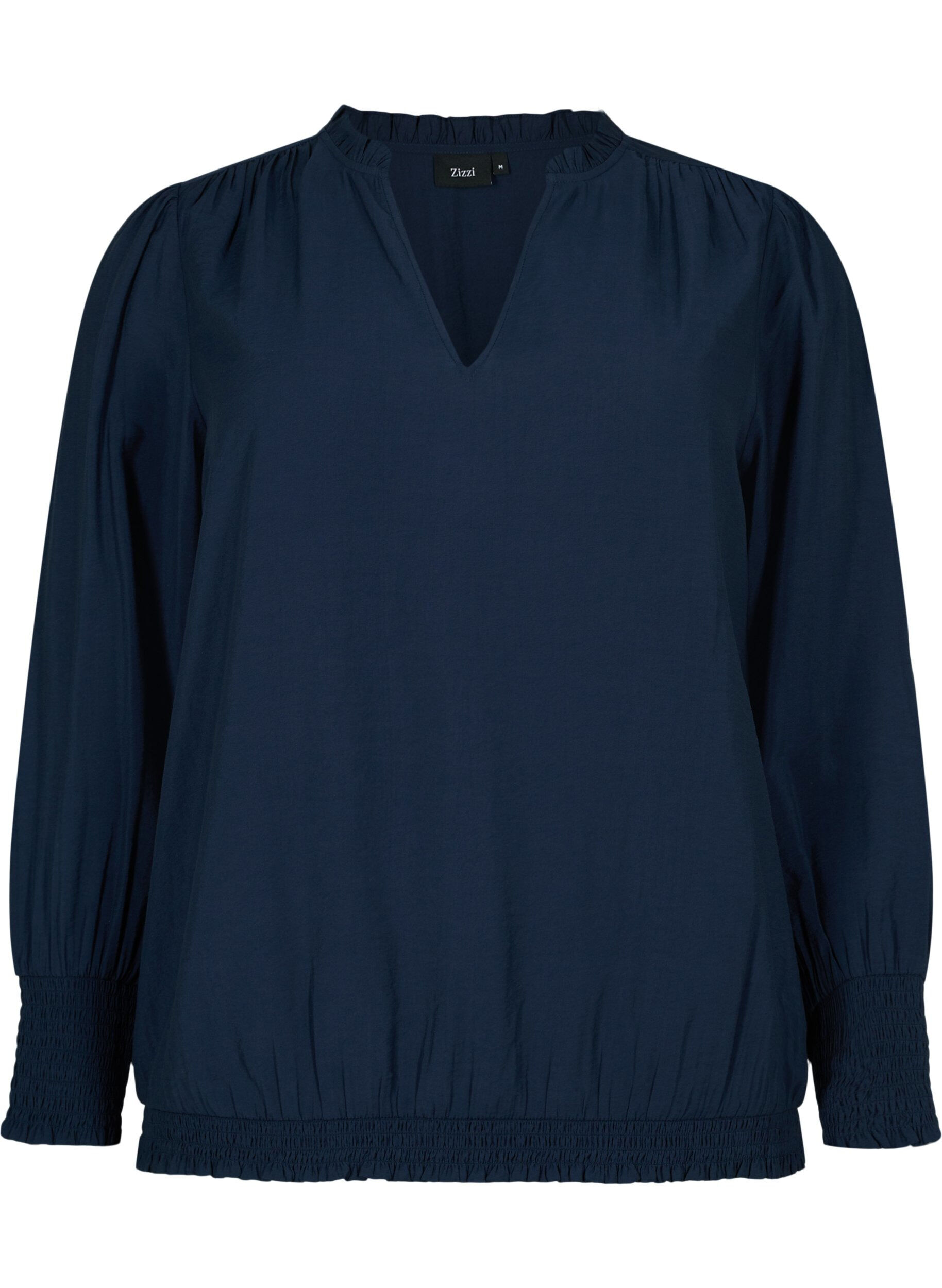 Zizzi Viscose blouse met lange mouwen en smok, Navy Blazer, Packshot image number 0