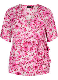 Viscose blouse met wikkel, Pink Flower Rain