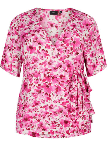 Viscose blouse met wikkel, Pink Flower Rain, Packshot image number 0