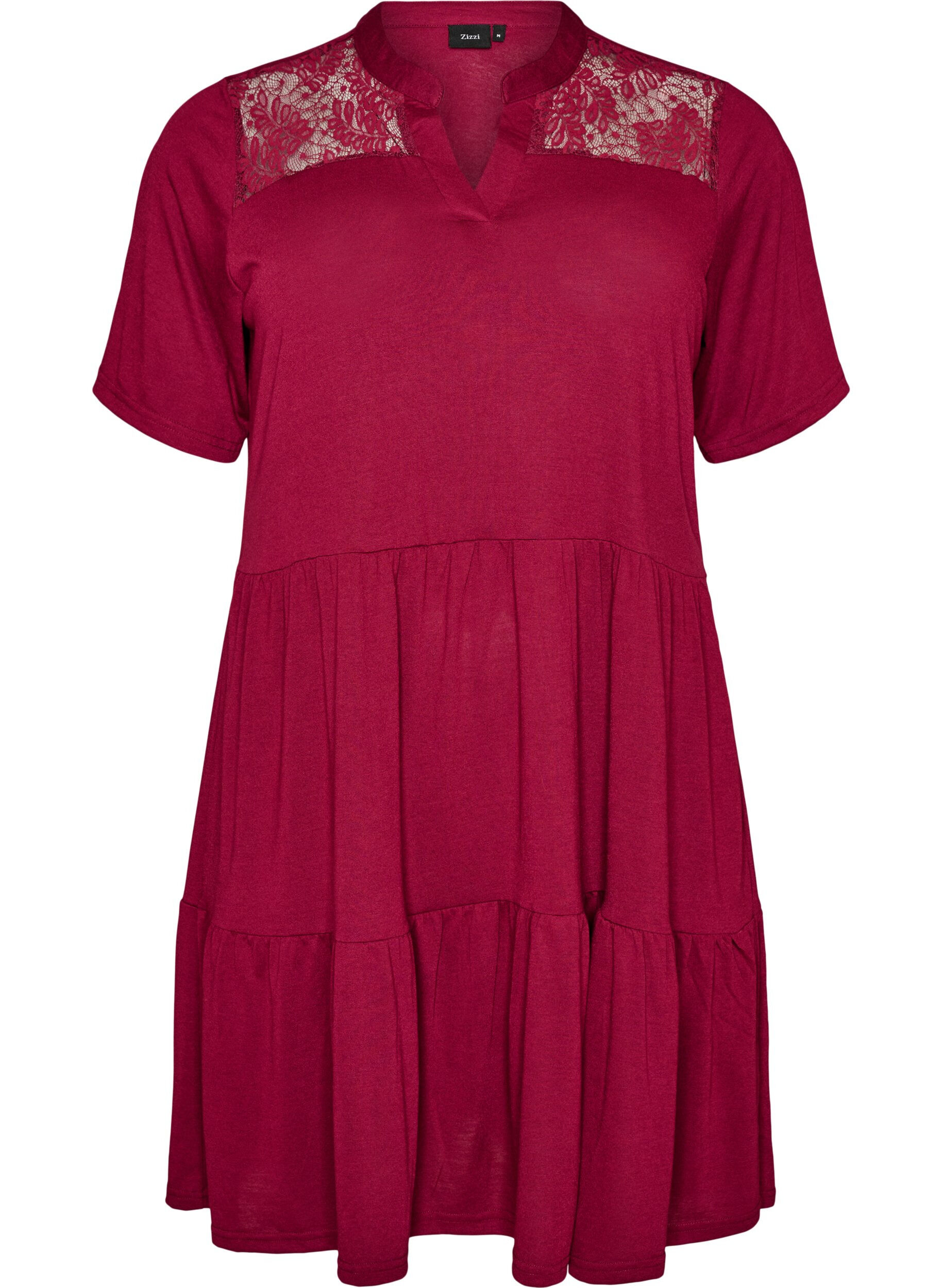 ZizziJerseyjurk met kanten details en een gelaagde rok, Rood, Packshot image number 0