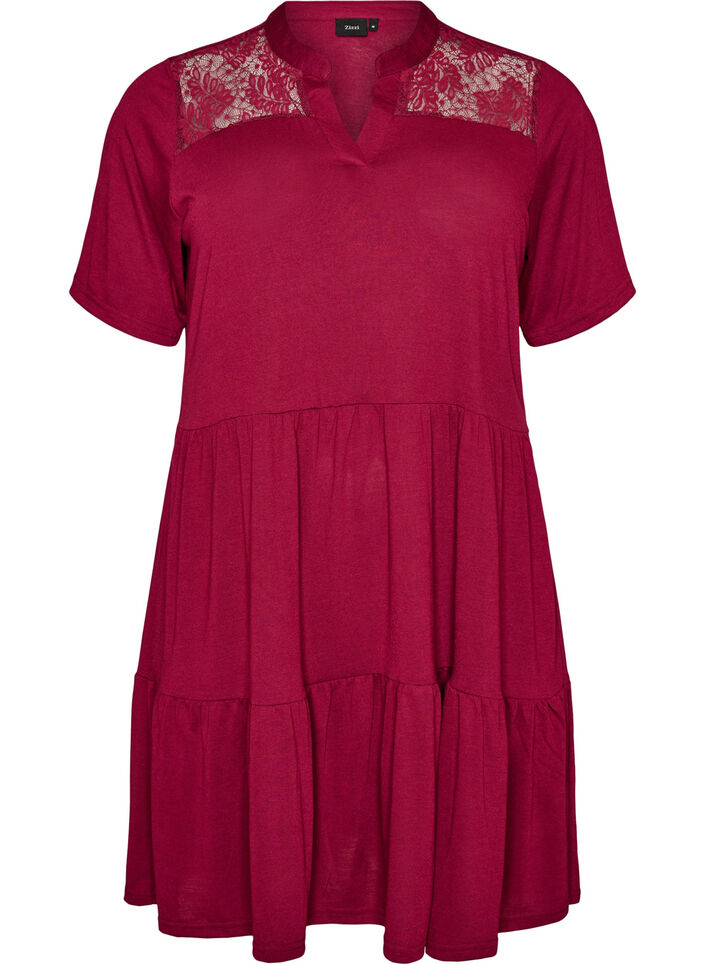 Jerseyjurk met kanten details en een gelaagde rok, Rood, Packshot image number 0