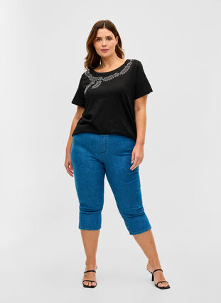 Katoenen t-shirt met korte mouwen en siersteentjes, Black Stone, Model image number 2