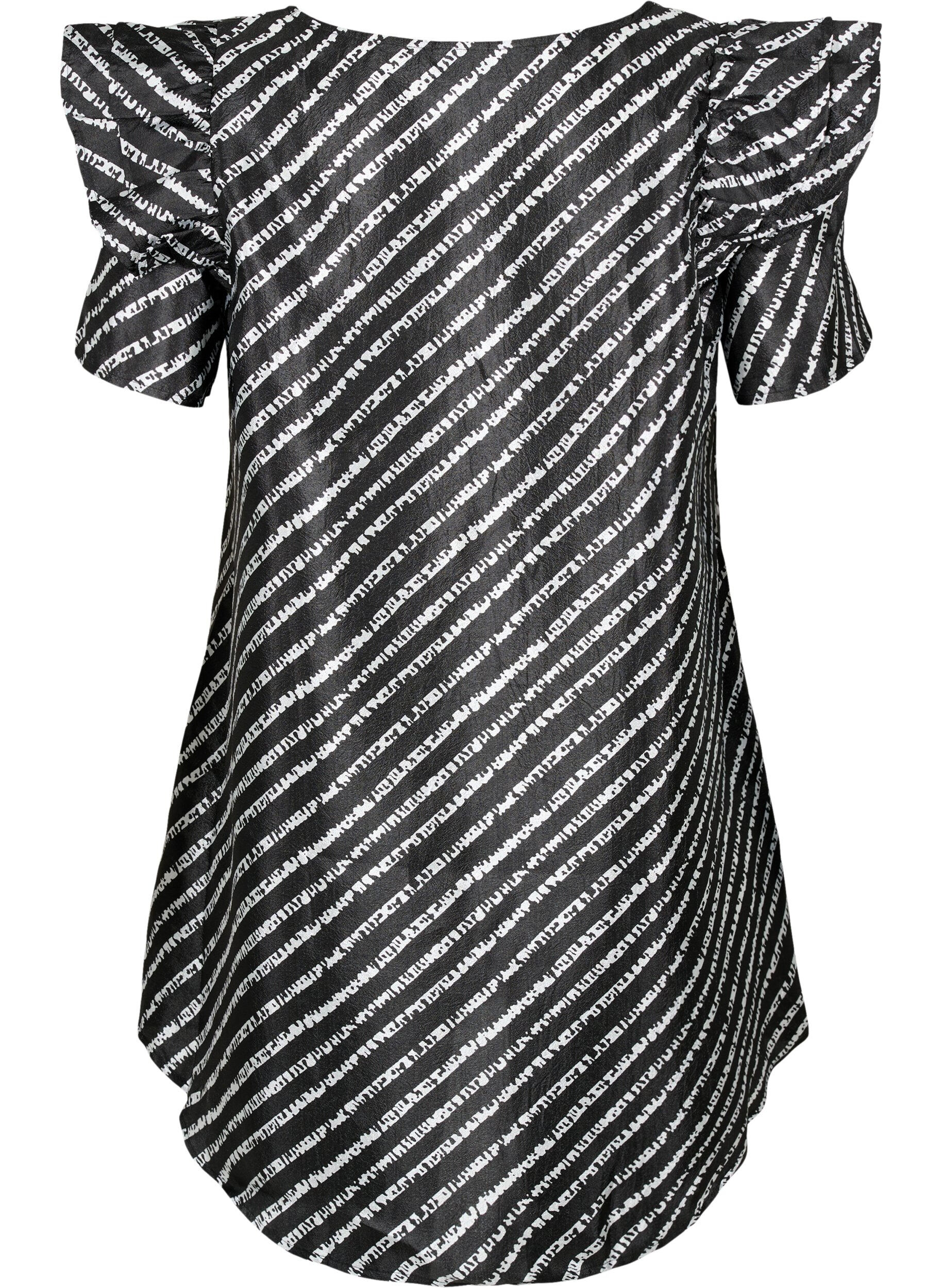 Zizzi Gestreepte tuniek met franjes, Black/White Stripes, Packshot image number 1