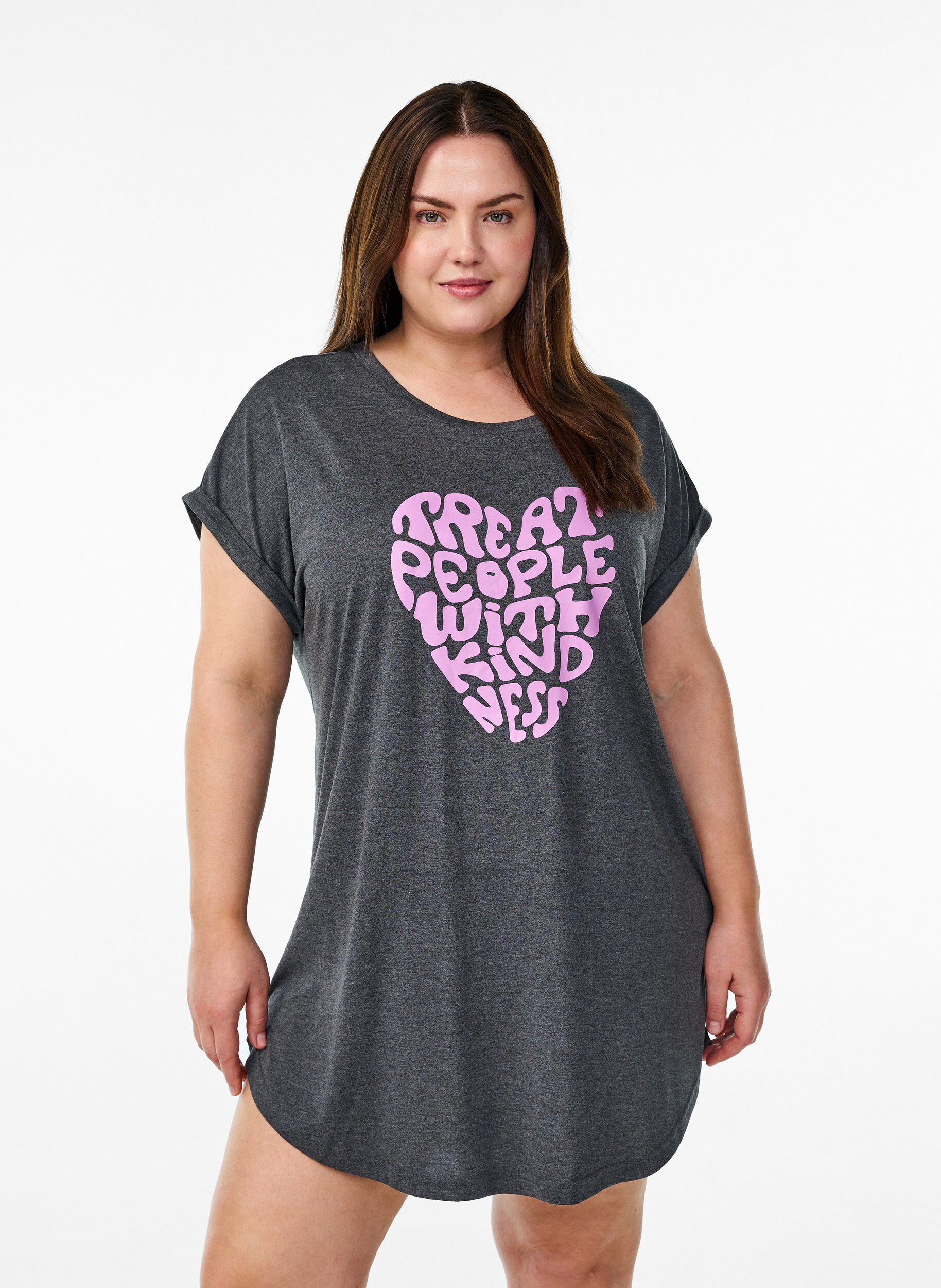 Zizzi Nachtjapon met korte mouwen en tekstopdruk, Zwart, Model image number 0