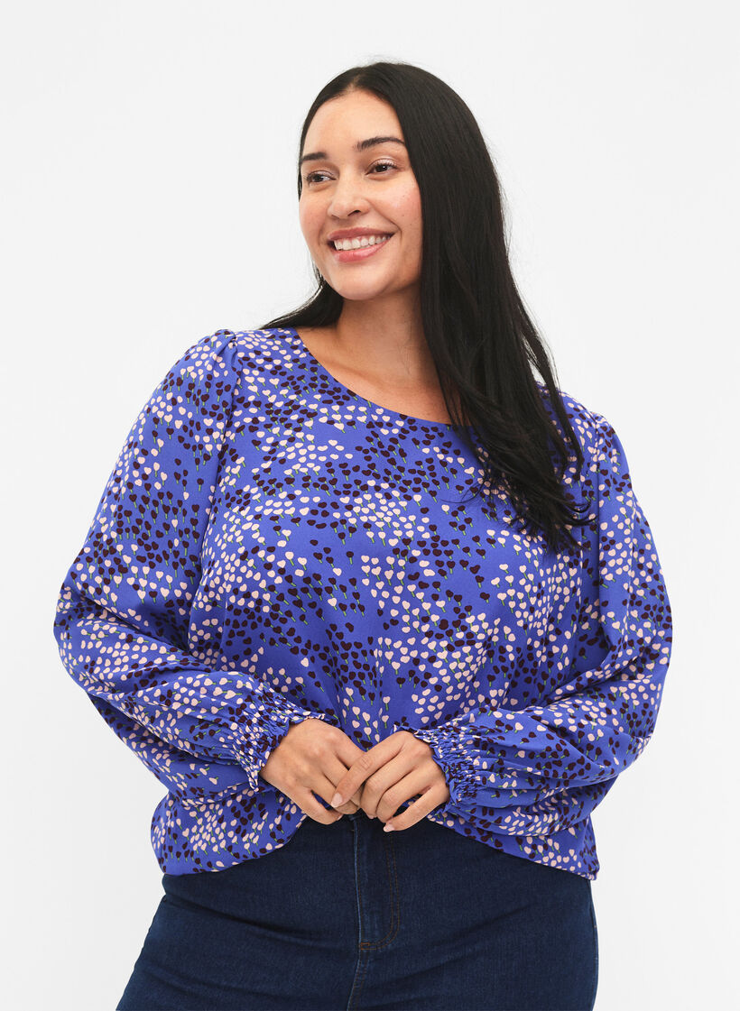 FLASH - Blouse met lange mouwen, smok en print, Dazzling Blue AOP, Model image number 0
