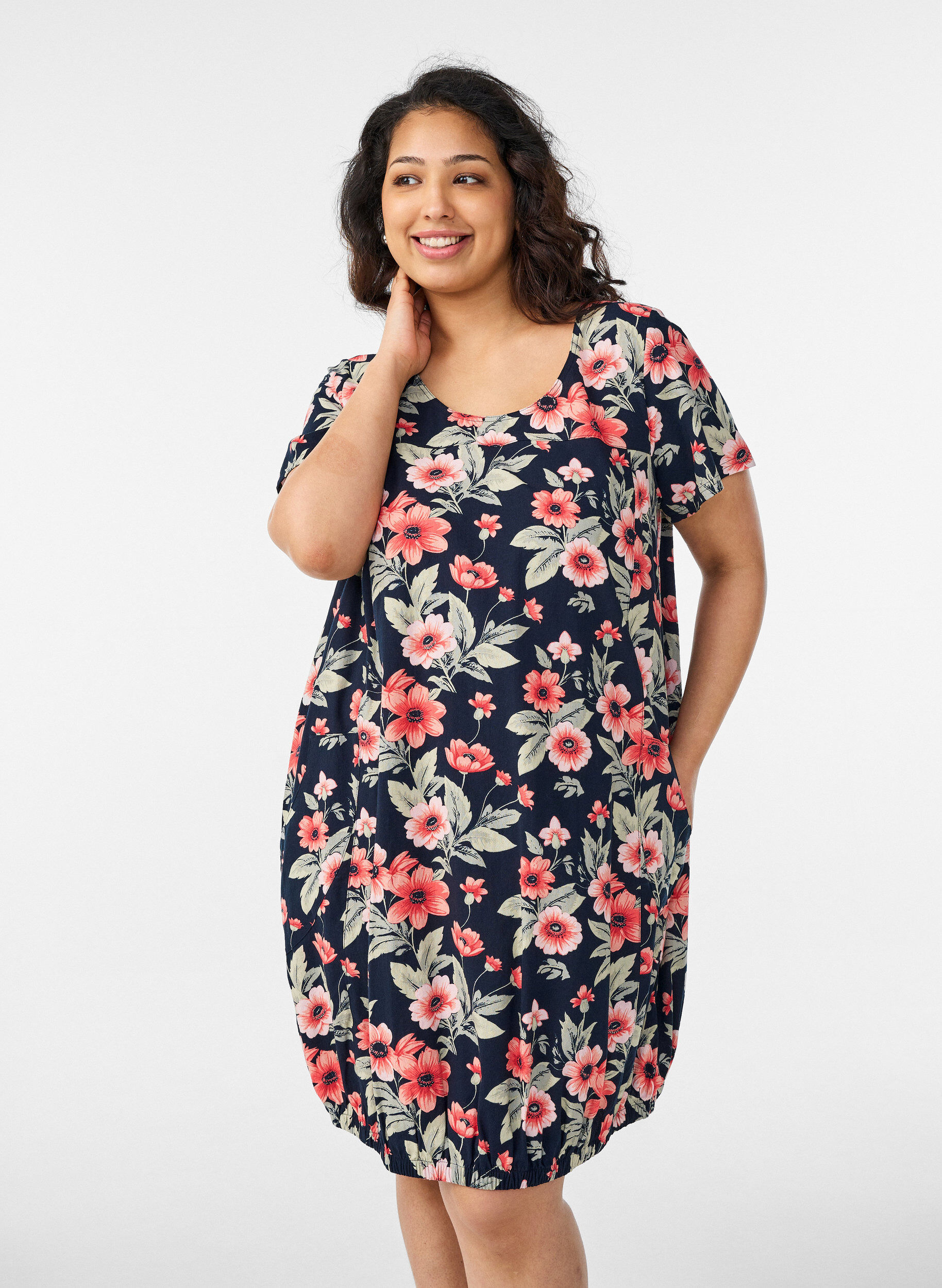 Katoenen jurk met korte mouwen en print, Blauw, Model