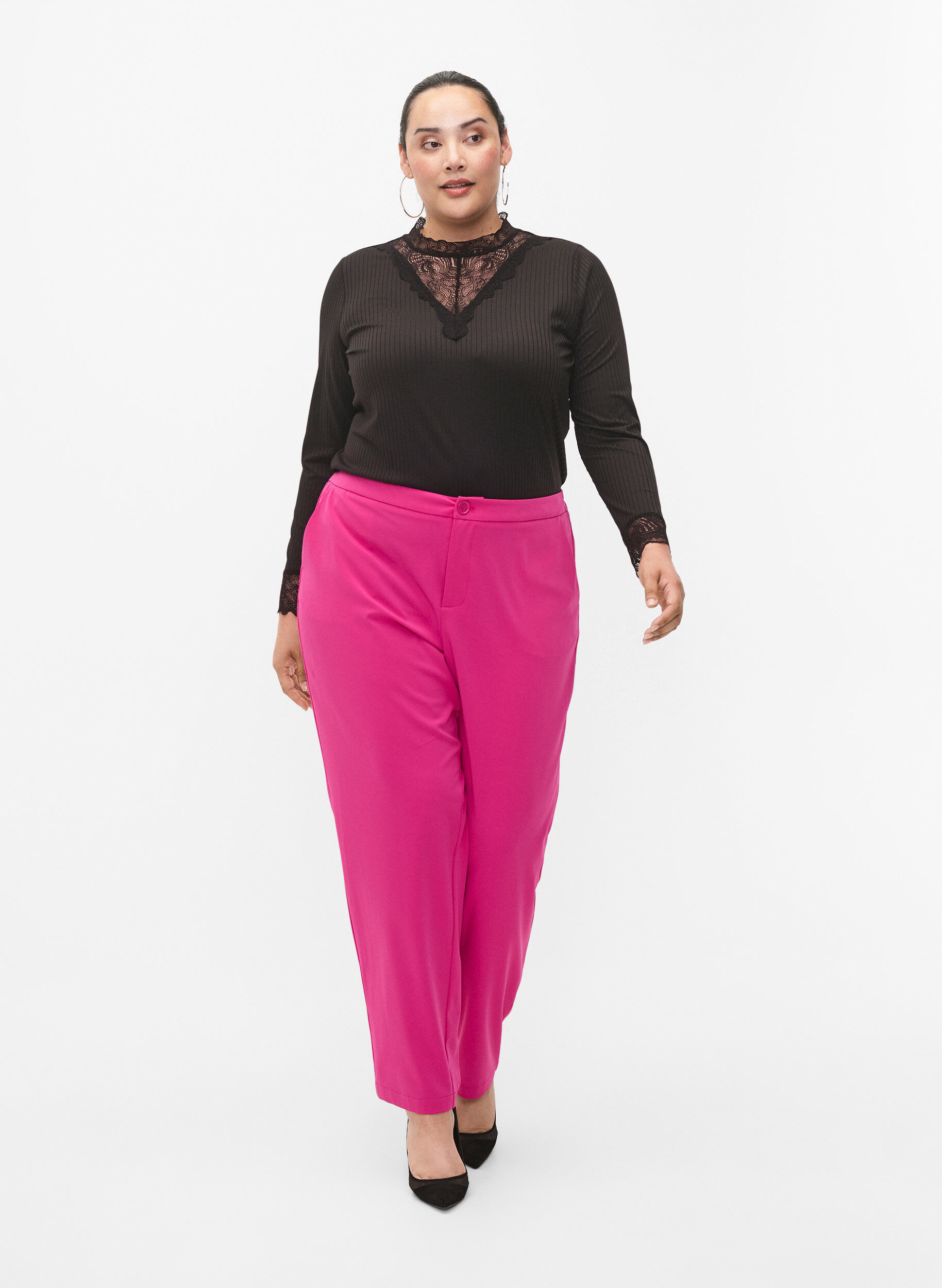 Zizzi Blouse met kant en lange mouwen, Black, Model image number 3