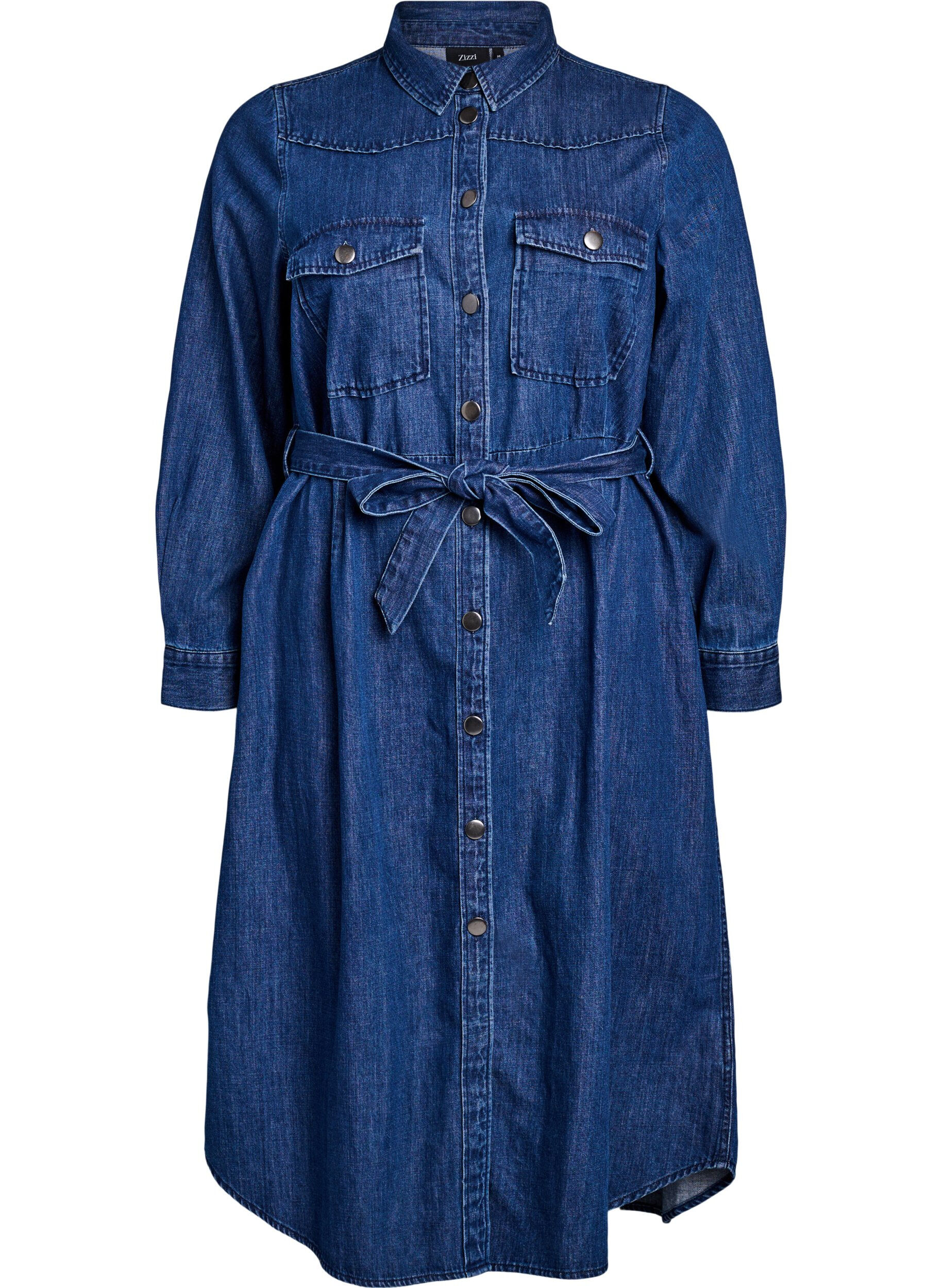 Zizzi Halflange denim jurk met strikceintuur, Blauw, Packshot image number 0