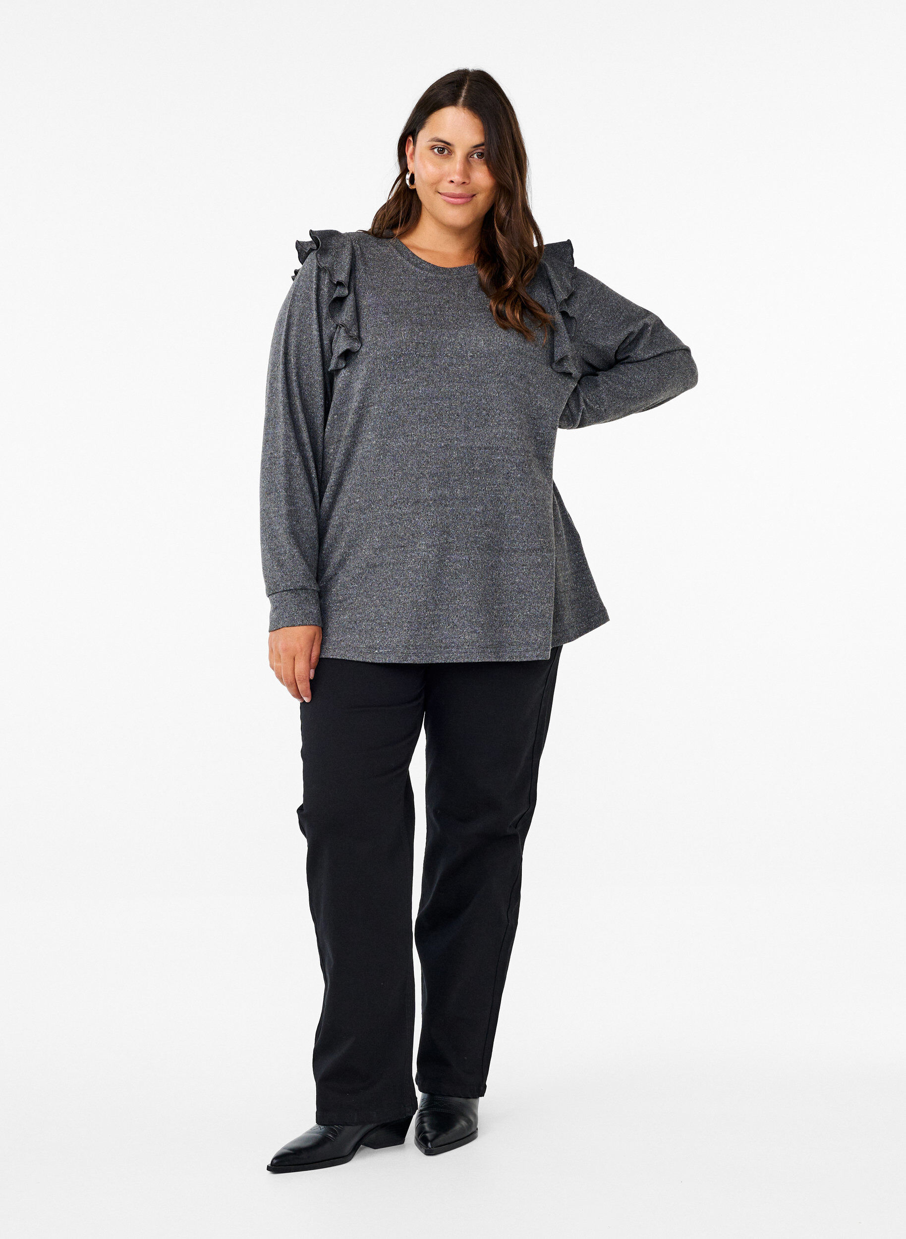 Zizzi  Blouse met lange mouwen en ruches, Dark Grey Melange, Model image number 2