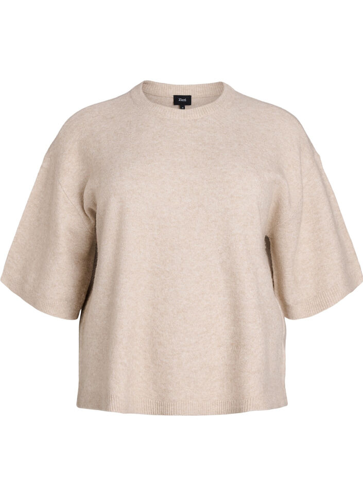 Los gebreide shirt met korte mouwen, Beige, Packshot image number 0