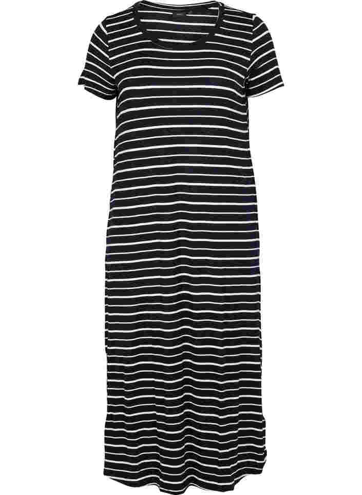 Gestreepte midi-jurk met korte mouwen, Black w. Stripe, Packshot image number 0