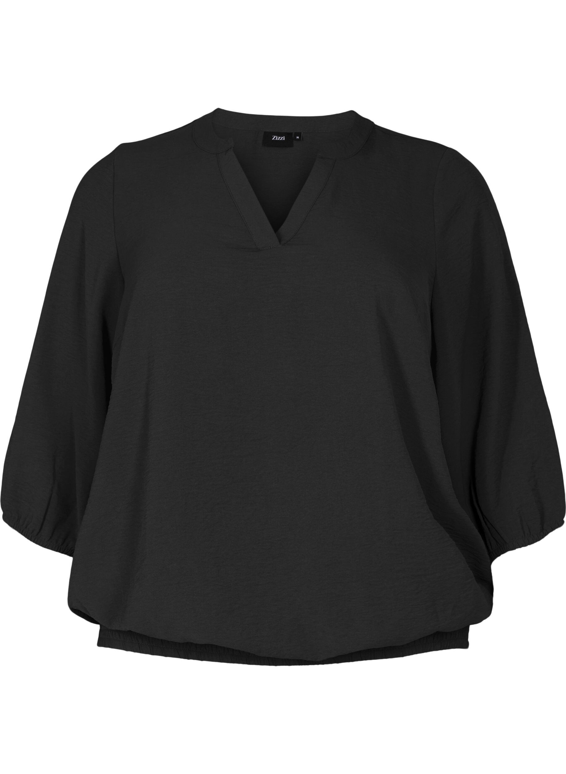 Zizzi Blouse met smok en 3/4 mouwen, Black, Packshot image number 0