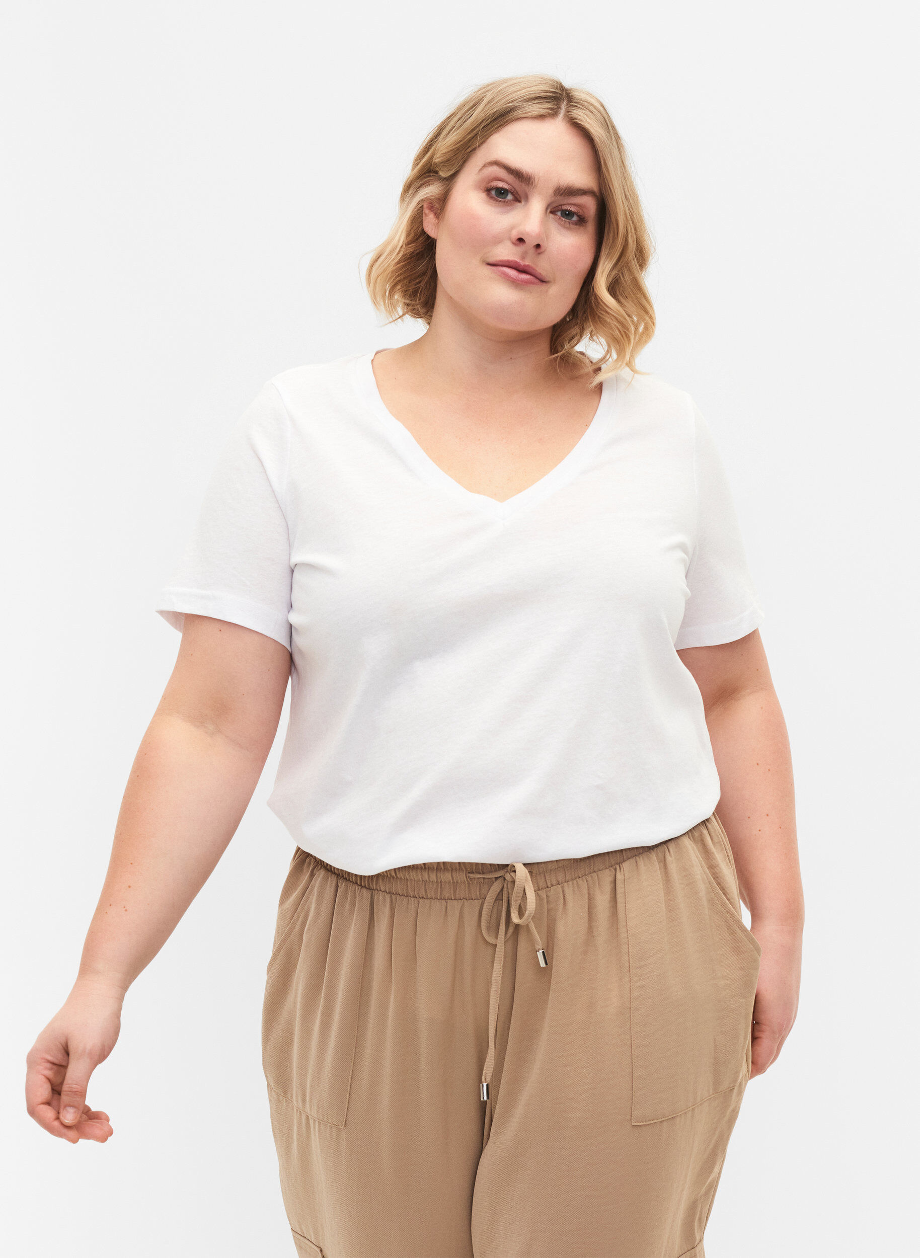 Zizzi 2-pack t-shirt met v-hals, Bright White / Black, Model image number 0