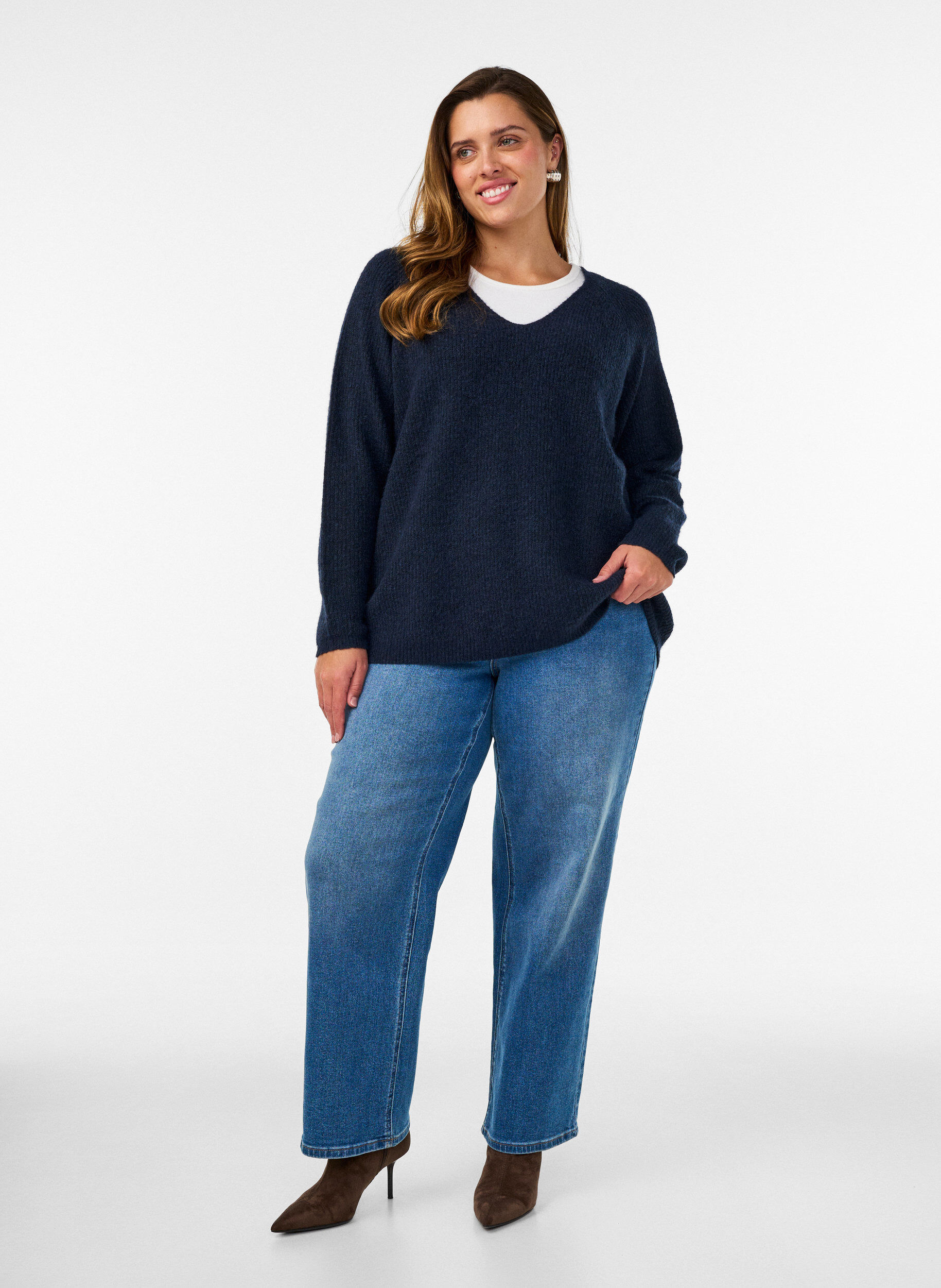 ZizziGebreide blouse met V-hals en raglanmouwen, Blauw, Model image number 1